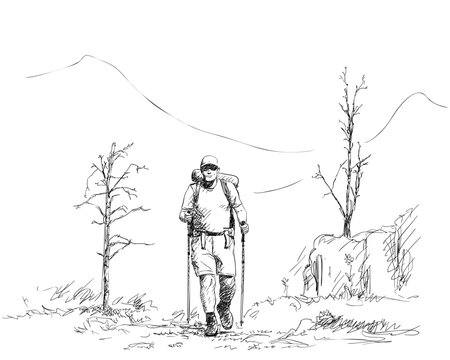 Hand-drawn vector illustration of a hiker walking with trekking poles in a mountain landscape. Black and white sketch, outdoor adventure and nature exploration concept
