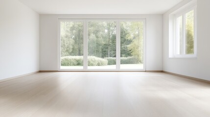 Empty room with large windows overlooking a garden
