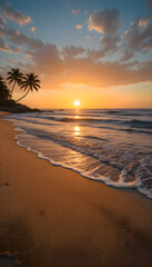 Fototapeta premium A beach with a sunset and palm trees