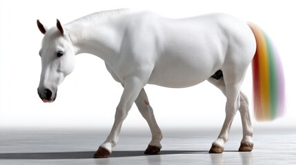 Majestic White Horse with Colorful Rainbow Mane on a Bright White Background
