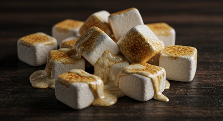 Fototapeta premium Melted Marshmallows on Dark Wood Background