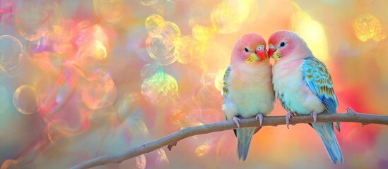 Colorful Lovebirds, Tender Moment, Bokeh Background,  Postcard, Greeting Card