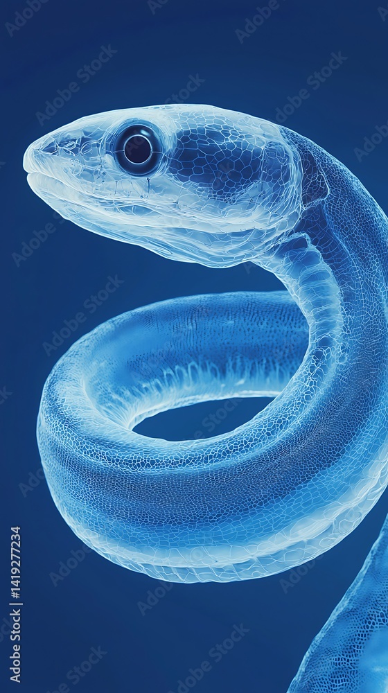 Poster a translucent eel twisting gracefully against a dark background, showcasing intricate details of its