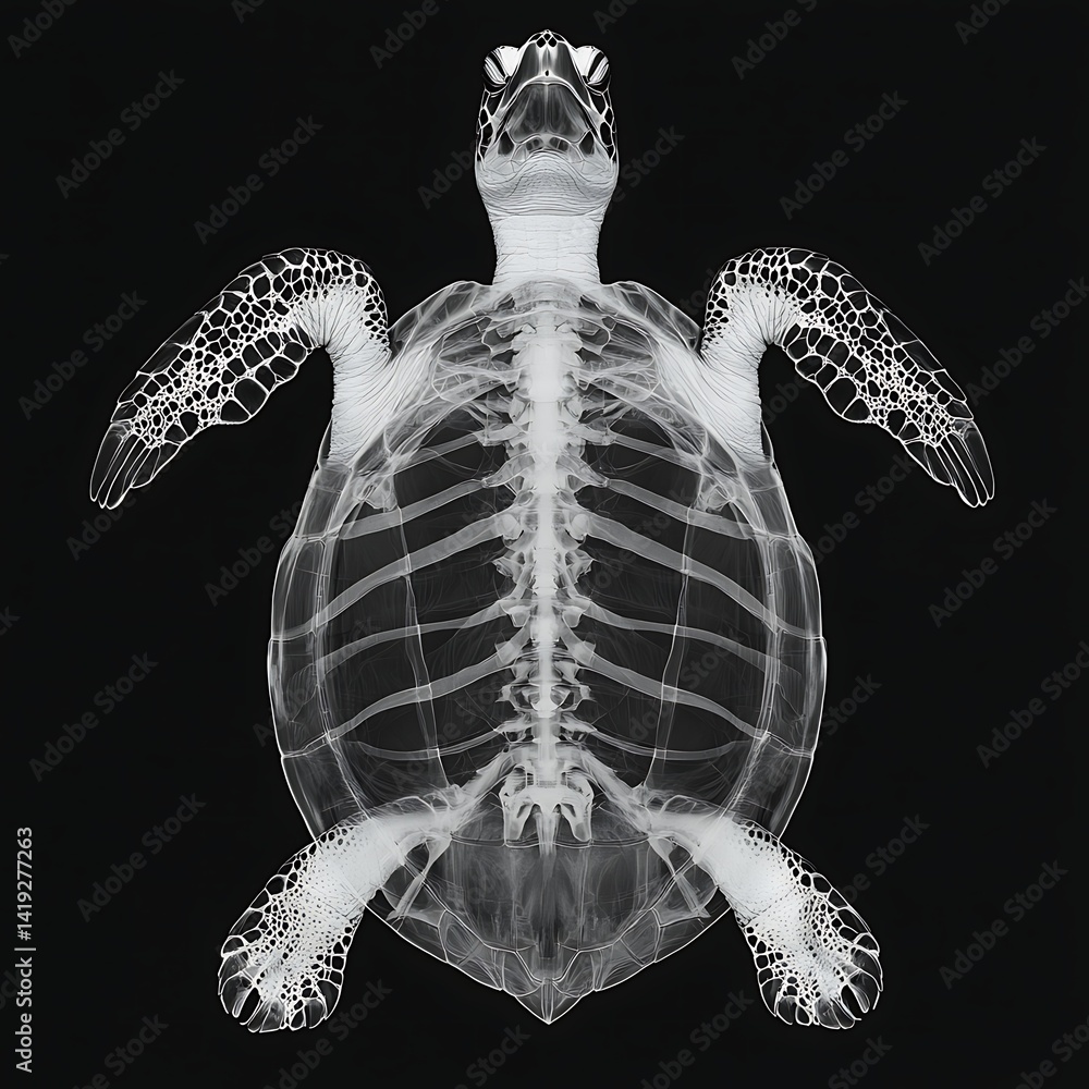 Poster an artistic x-ray image of a turtle, showcasing its intricate skeletal structure against a black bac