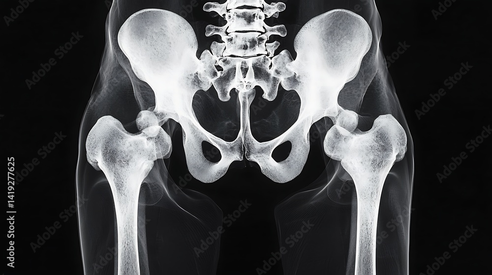 Poster an x-ray image displaying the pelvic region, highlighting the hip joints and surrounding skeletal st