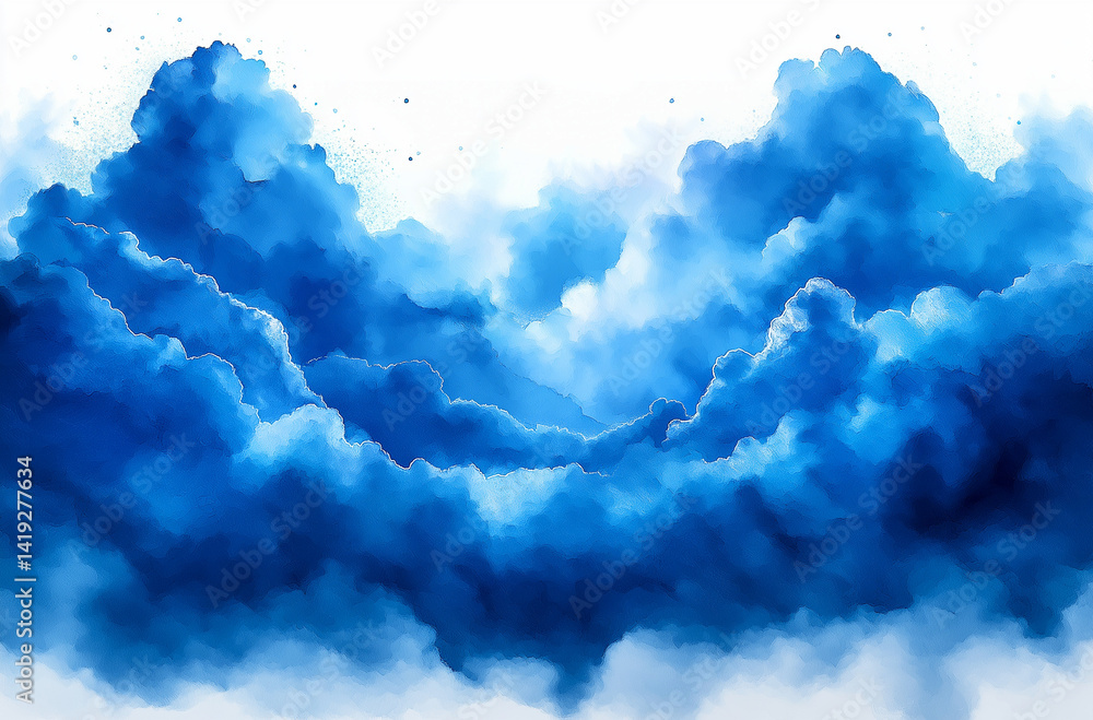 Poster minimalist abstract watercolor illustration of blue clouds with splash effect and simple shapes on t