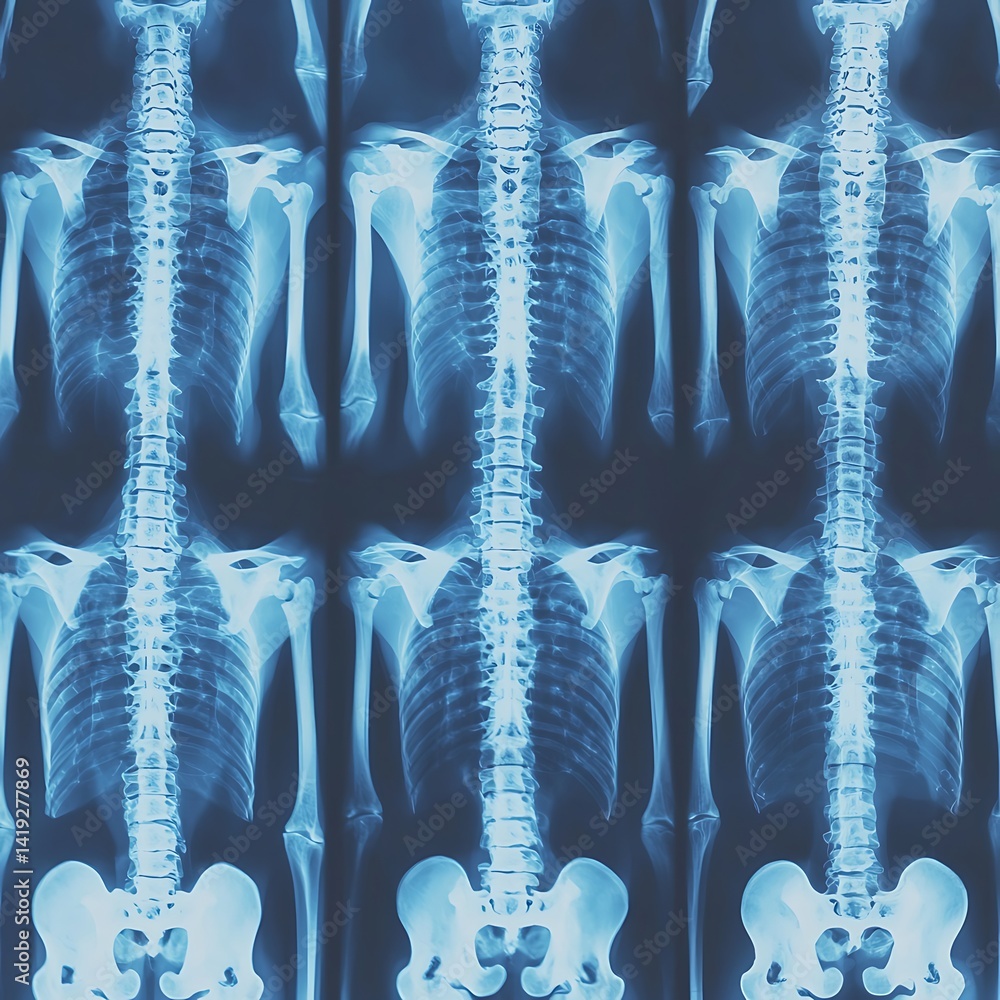 Aufkleber x-ray image showing multiple views of the human skeletal structure, highlighting the spine and ribca