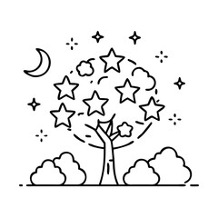 tree and starry night icon, tree and starry night line art - simple line art of tree and starry night, perfect for tree and starry night logos and icons