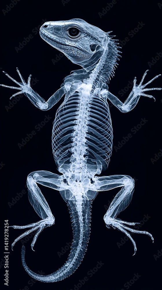 Poster an x-ray image of a lizard, showcasing its skeletal structure against a dark background, highlightin
