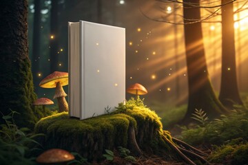 A captivating image of a blank book resting on a mossy forest stump, bathed in golden sunlight filtering through the trees.