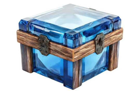 Mystical blue crystal treasure chest antique wooden frame isolated on black background on transparent background