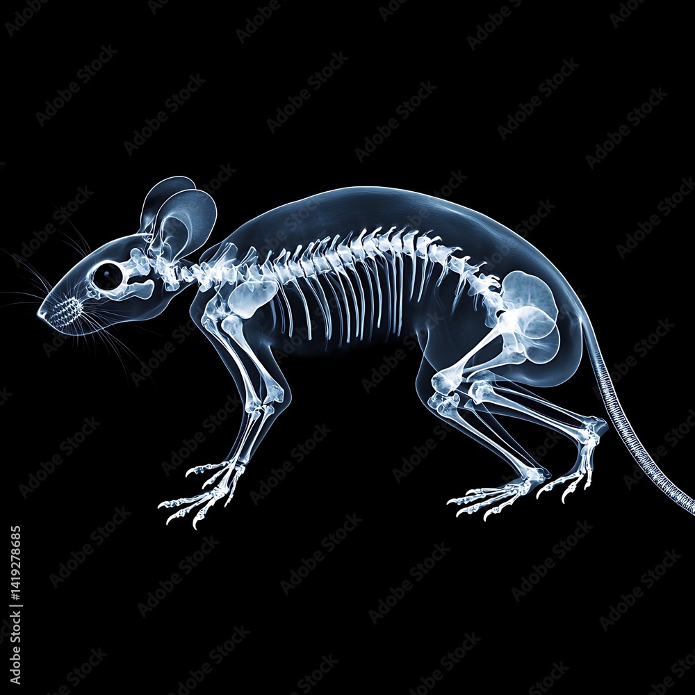 Poster an x-ray image of a mouse showcasing its skeletal structure against a black background, revealing in