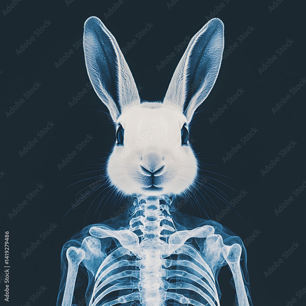 Poster a stylized x-ray image of a rabbit showcasing its skeletal structure, blending anatomy with art in a