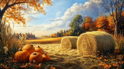 Autumn Harvest Scene with Pumpkins and Hay Bales in a Golden Field