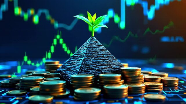 A pyramid made of dark stones surrounded by coins, with a green sprout growing at the top, set against a vibrant financial chart background