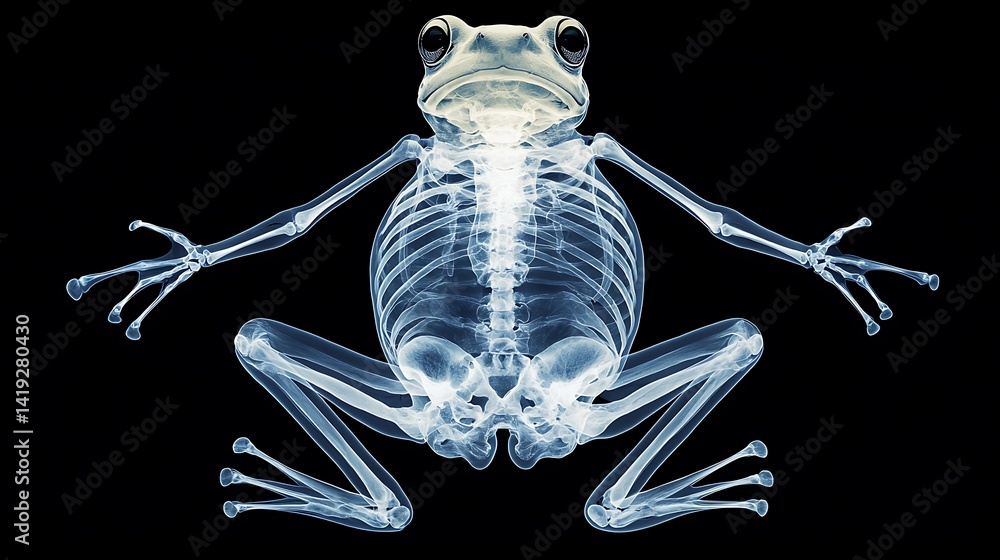 Poster an x-ray image of a frog showcasing its intricate skeletal structure against a black background.