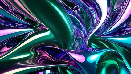 An abstract digital wallpaper with flowing liquid shapes, metallic reflections, and iridescent gradients, creating a futuristic and mesmerizing atmosphere.