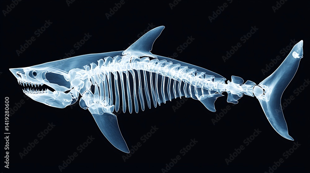 Poster an x-ray image of a shark showcasing its skeletal structure against a dark background, highlighting 