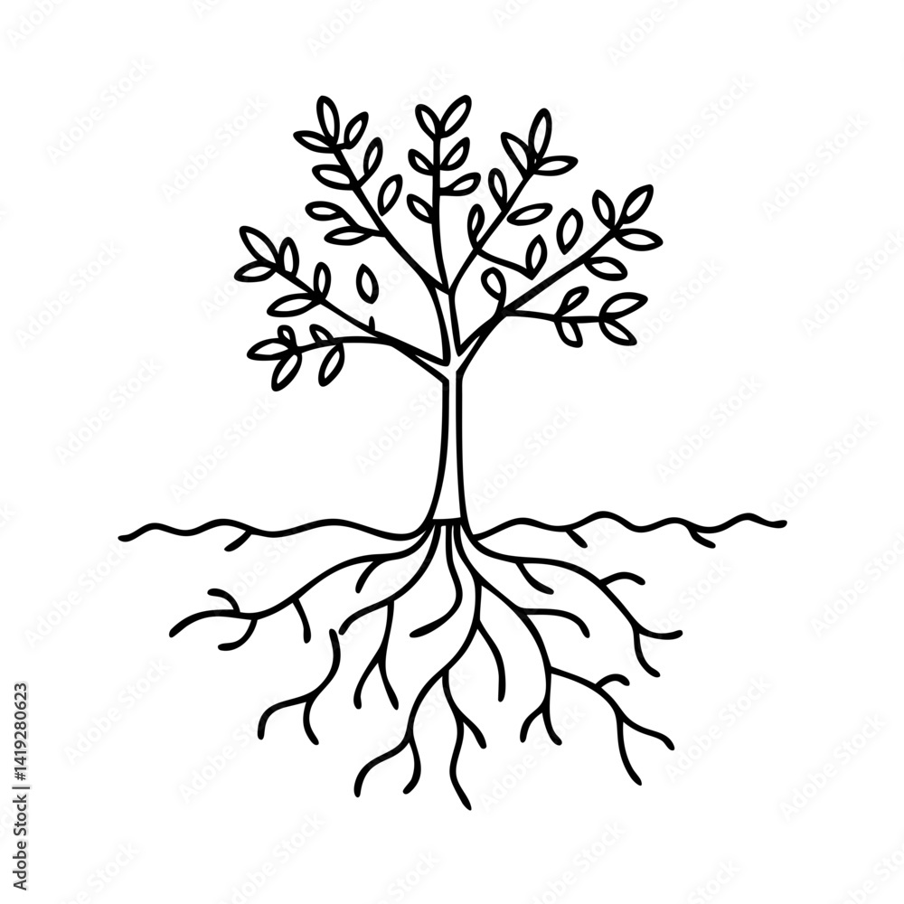 Poster tree with roots growth icon, tree with roots growth line art - simple line art of tree with roots gr