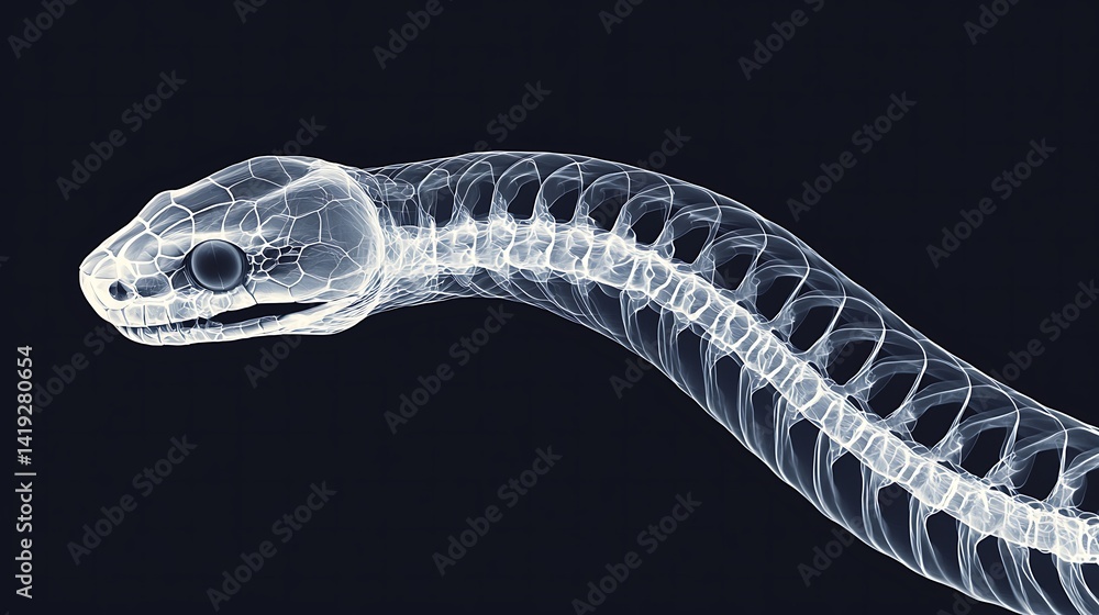 Poster the image displays an x-ray view of a snake, highlighting its skeletal structure against a dark back