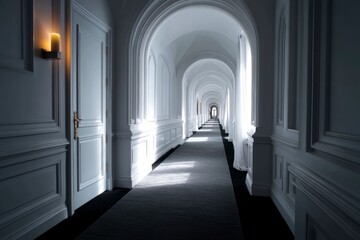 Fototapeta premium Elegant White Hallway with Arches and Soft Lighting Leading to Light