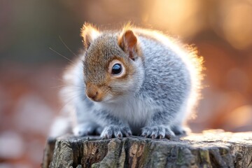 Fototapeta premium Squirrel Sitting on Tree Stump in Forest with Golden Sunlight