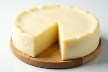 Artisan wheel of creamy white cheese on white background, food photography, delicious, natural