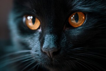 Close Up of a Black Cat's Face with Striking Amber Eyes