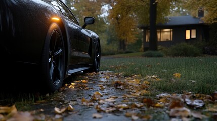 Modern car parked on a wet autumnal street in front of a home