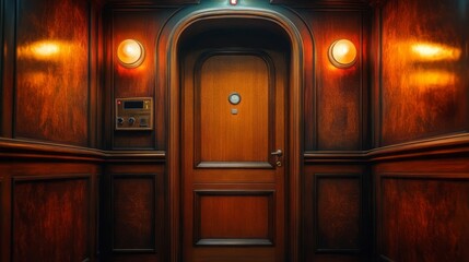 A wooden door surrounded by wood panels and lights