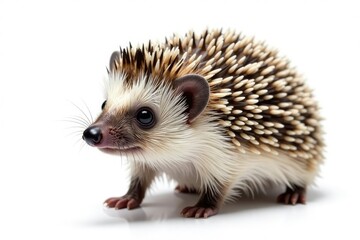 Close-up of a hedgehog, perfectly isolated against a bright white backdrop , clean, contrast, creature