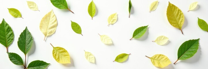 Delicate leaves scattered on white background, nature, textures