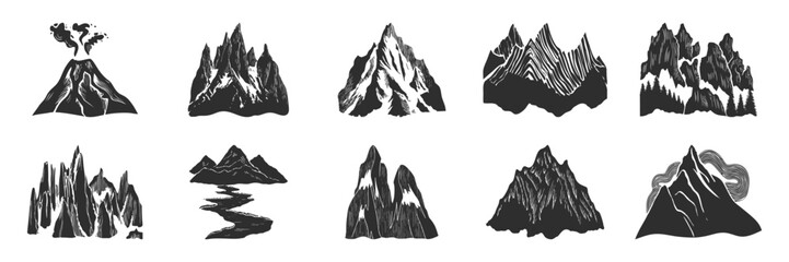 Obraz premium Mountain And Volcano Silhouettes Set. Nature And Adventure Themes In Black And White Isolated Vector Illustration Collection