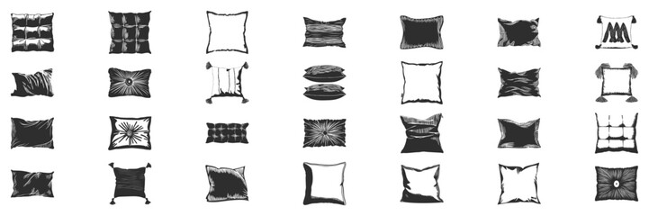 Decorative Pillow Silhouette Set. Variety Of Cushion Designs For Home Decor And Interior Styling. Isolated Vector Illustration Collection