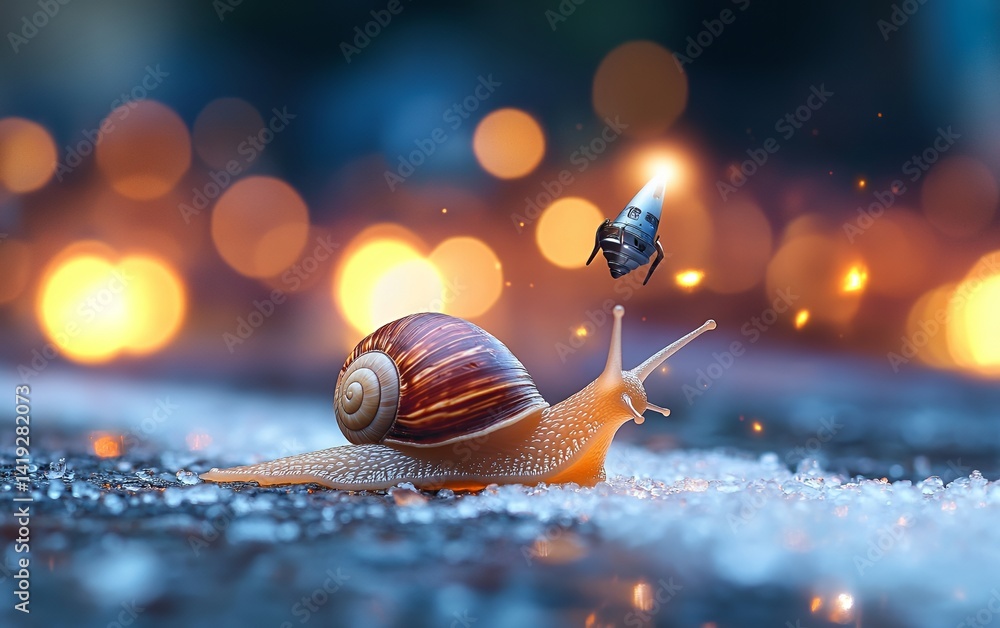 Poster close up of a snail on a vibrant surface with soft glowing lights creating a magical atmosphere show