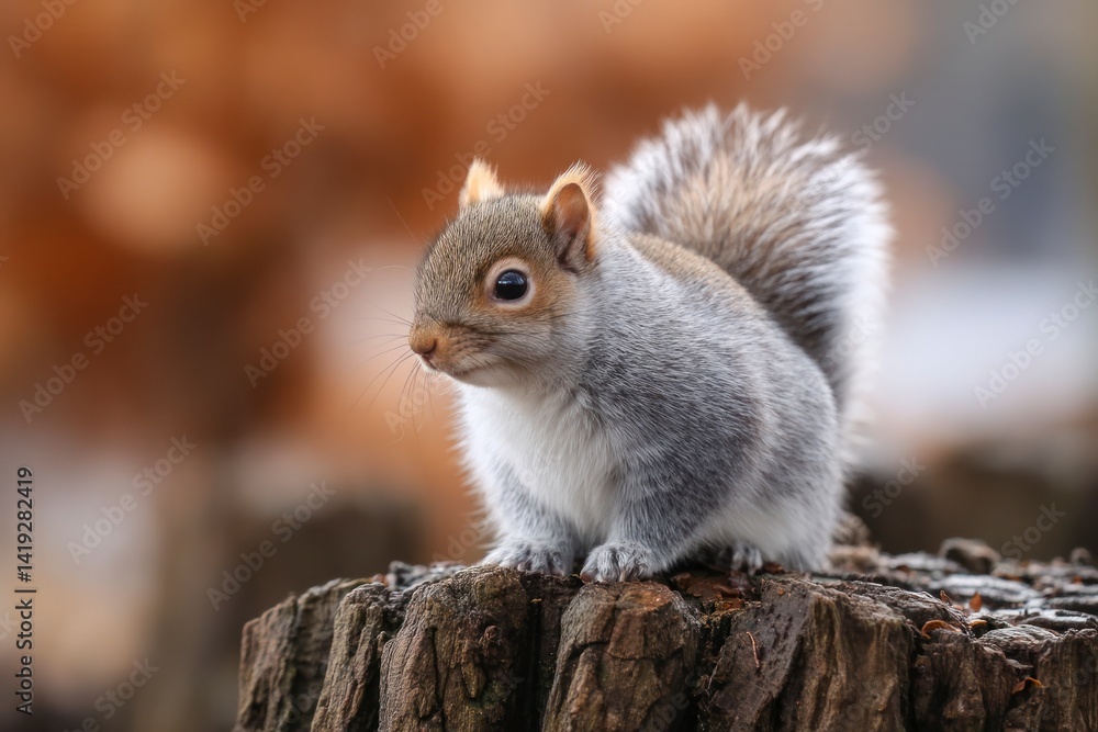 Poster squirrel resting on tree stump looking left in natural autumn setting