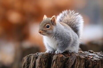 Squirrel Resting on Tree Stump Looking Left in Natural Autumn Setting