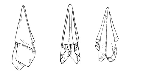 Hanging kitchen towels, black and white ink sketch. Vector illustration. A set of linen and cotton napkins, isolated on a white background. On the theme of food, cooking, catering and cleaning