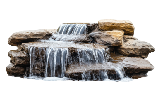 Serene cascading waterfall over brown rocks isolated on black background perfect for design on transparent background