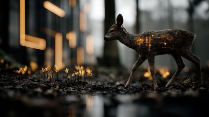 Giant bees hover around a fantastical beehive shaped like a miniature village, blending nature and advanced architecture in harmony.