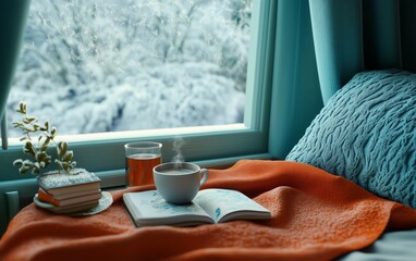 Winter Cozy Moments by the Window with Warm Drinks and Books
