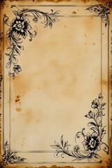 Obraz premium AI Generative. A vintage frame background with aged, stained texture and slightly torn edges. Elegant ornamental border featuring intricate floral and swirl patterns in a dark sepia or ink tone. 13