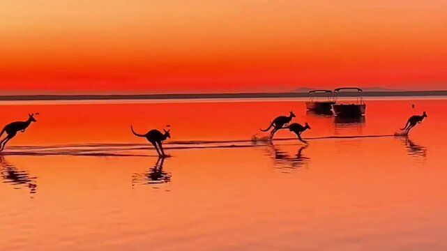 Kangaroos Hopping Through Shallow Waters at Sunset

