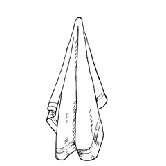 Kitchen towel hanging, black and white sketch. Vector illustration. Cotton napkin, insulated on white background. For the theme of food, cuisine, catering and cleaning, Drawn in ink in a simple style