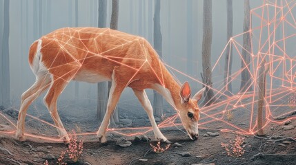 A deer stands amid a scorched forest as rescue teams work; its face scanned by advanced wildlife-monitoring technology.