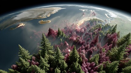 A scorched Earth with burning continents and untouched forests highlights the fragile balance between destruction and nature’s resilience from space.