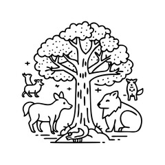 woodland animals around a tree icon, woodland animals around a tree line art - simple line art of woodland animals around a tree, perfect for woodland animals around a tree logos and icons