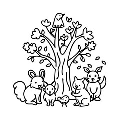 woodland animals around a tree icon, woodland animals around a tree line art - simple line art of woodland animals around a tree, perfect for woodland animals around a tree logos and icons