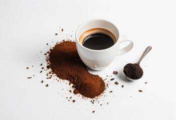 Obraz premium A white coffee cup with a spoon and some coffee grounds on top of it