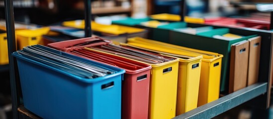Colorful Plastic File Containers on Shelves